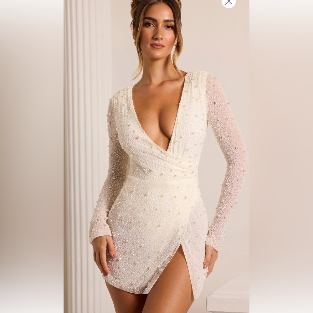 Oh Polly “CHELSEA” Embellished Wrap Over A-Line Mini Dress in Ivory